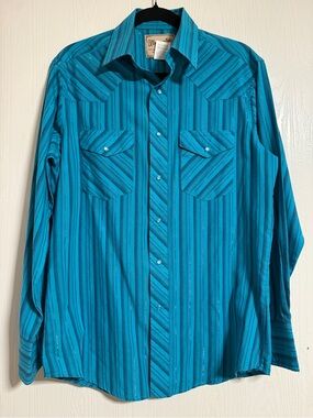 Wrangler Men's Teal & Silver Striped Western Shirt w/ turquoise colored snaps
